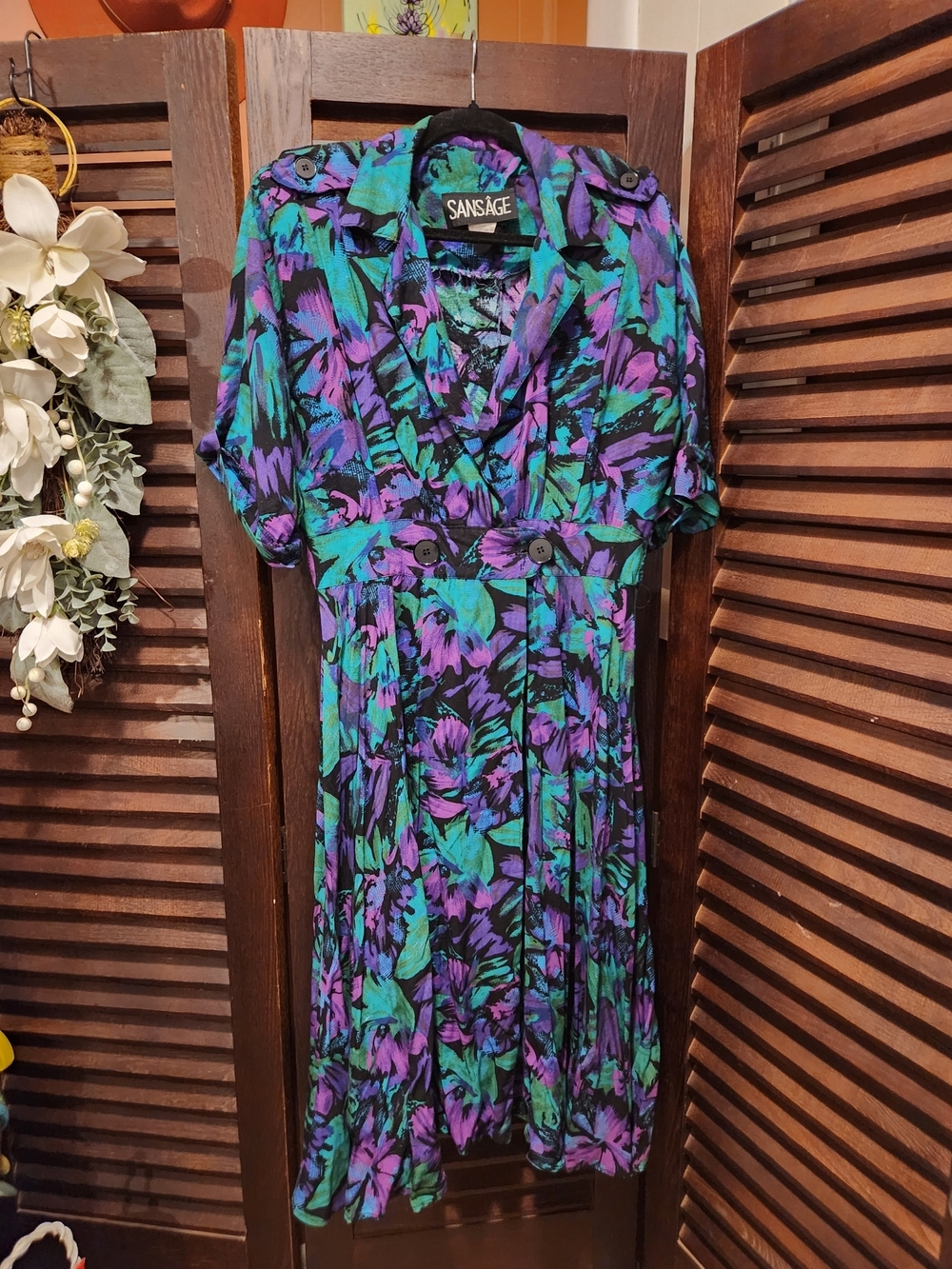 Vintage Teal & Purple Floral Midi Dress